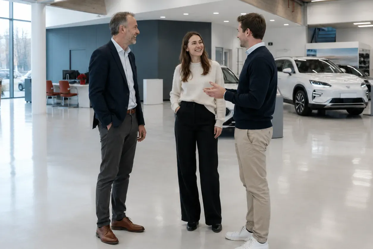 Beratungsgespräch im Schauraum von Auto Günther in Linz/Urfahr, im Hintergrund ein Elektrofahrzeug