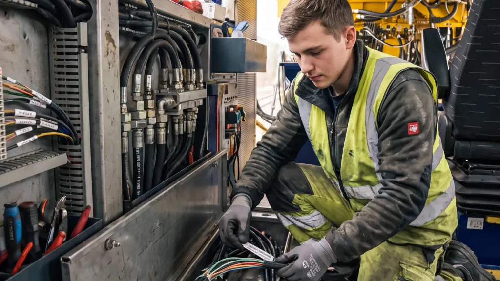 Techniker beschriftet Leitungen in der Kabine, Beschriftungsgerät und Stromlaufplan bereitgelegt