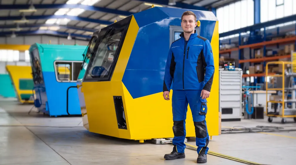 Techniker vor einer Bahnbaumaschinen-Kabine in der Fertigungshalle