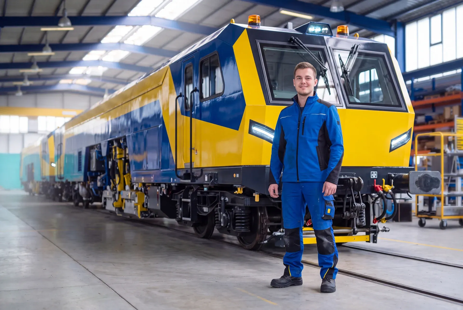 Elektriker vor einer fertigen Bahnbaumaschine in der Fertigungshalle
