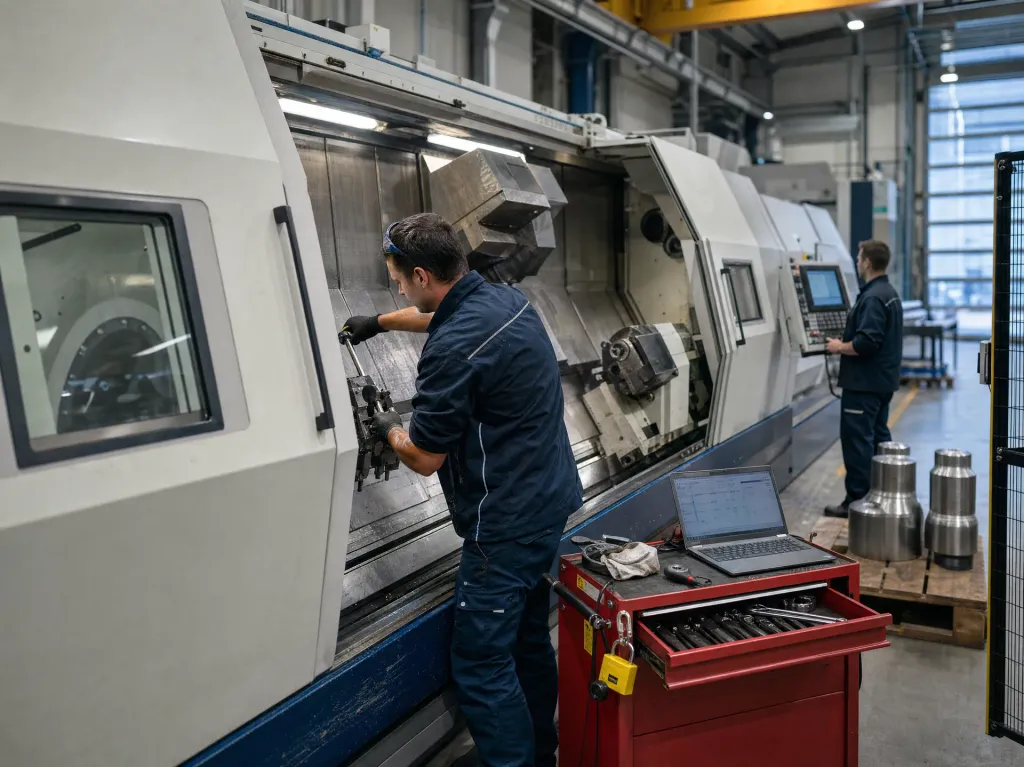 KI-generiertes Bild: Techniker richtet eine Baugruppe im offenen Arbeitsraum einer Drehmaschine aus, Werkzeugwagen und Unterlagen daneben