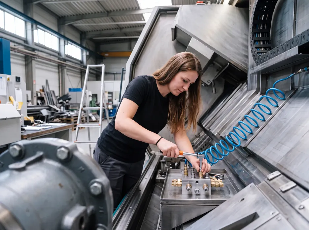 KI-generiertes Bild: Technikerin zieht die Verschraubungen am Schmierverteiler mit dem Drehmomentschlüssel an